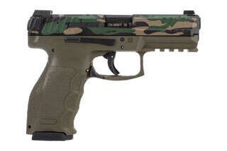 Hk VP9 9mmx19 Pistol features a camo slide and olive drab green frame with interchangeable grips